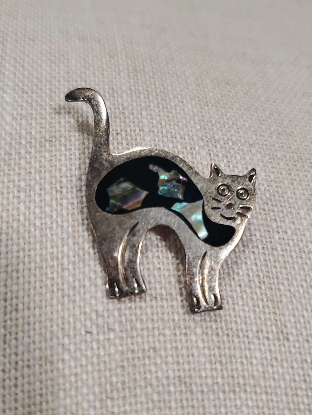 Silver Cat Brooch with Black Enamel and Iridescent Inlay